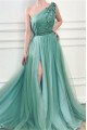 Georgia Wonderful Jade One Shoulder Side Slit Appliques A-Line Prom Dresses