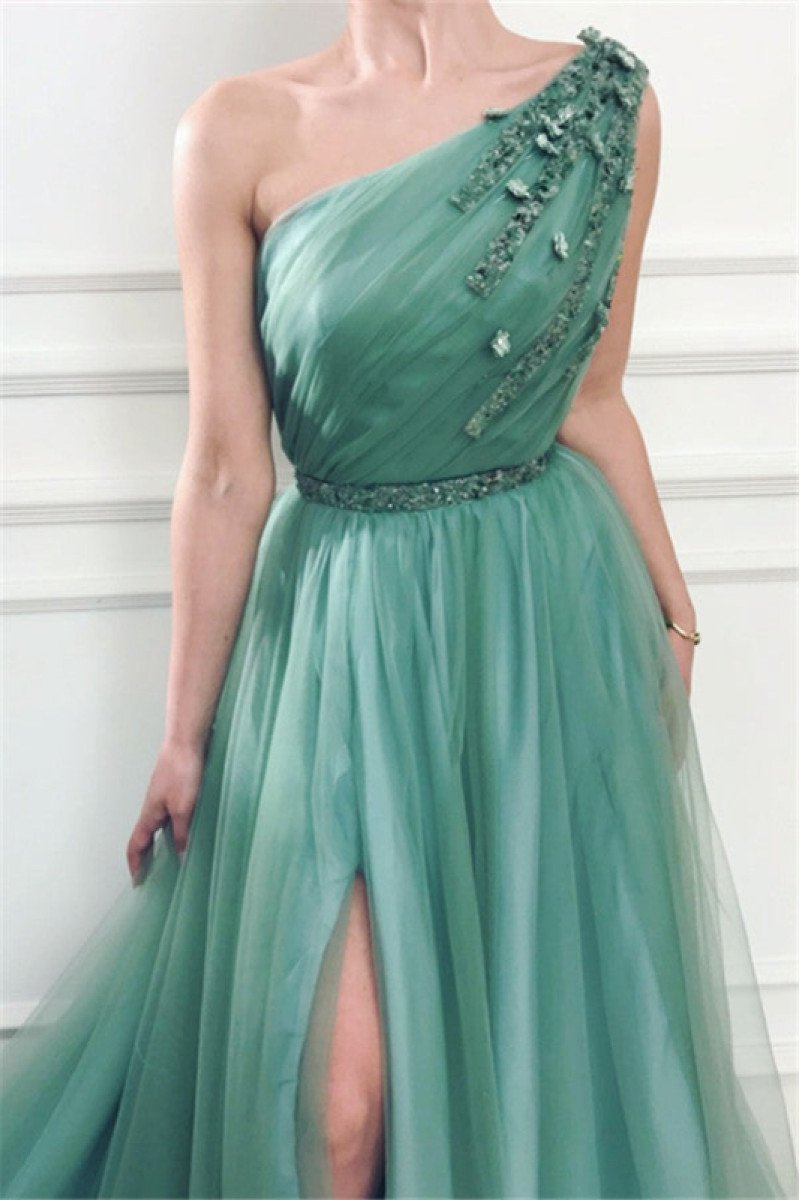 Georgia Wonderful Jade One Shoulder Side Slit Appliques A-Line Prom Dresses