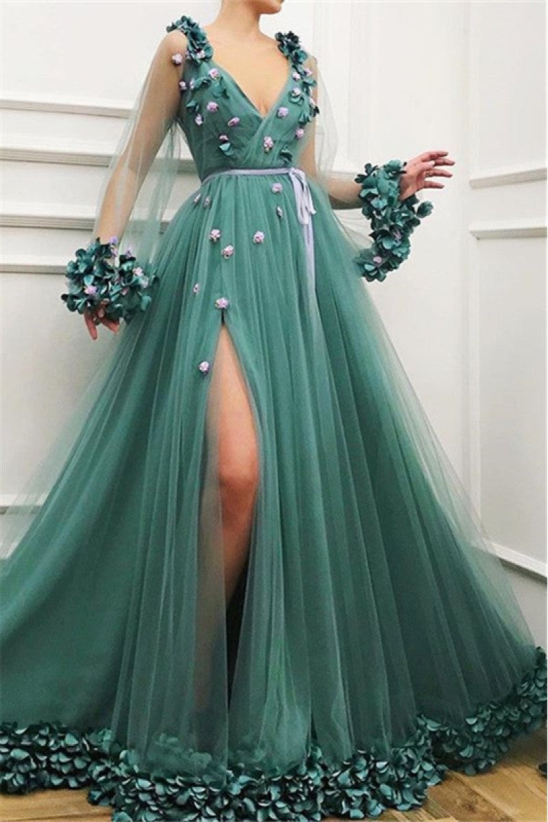 Geraldine Gentle Jade V-Neck Long Sleeves Side Slit Appliques A-Line Prom Dresses