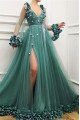 Geraldine Gentle Jade V-Neck Long Sleeves Side Slit Appliques A-Line Prom Dresses