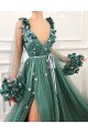 Geraldine Gentle Jade V-Neck Long Sleeves Side Slit Appliques A-Line Prom Dresses