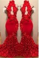 Gloria Chic Red High Neck Open Back Appliques Mermaid Prom Dresses With Keyhole