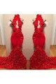 Gloria Chic Red High Neck Open Back Appliques Mermaid Prom Dresses With Keyhole