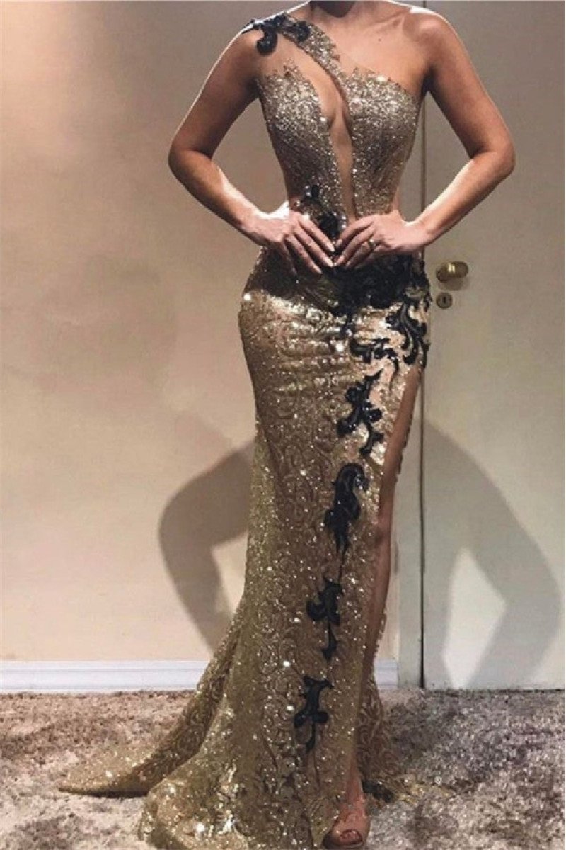 Griselda Charming Gold One Shoulder Side Slit Appliques Sequins Sheath Prom Dresses