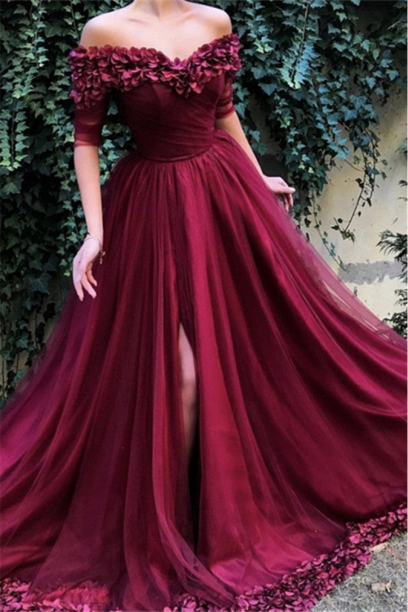 Gustave Classical Burgundy Off Shoulder Side Slit Half Sleeves A-Line Prom Dresses With Appliques