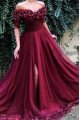 Gustave Classical Burgundy Off Shoulder Side Slit Half Sleeves A-Line Prom Dresses With Appliques