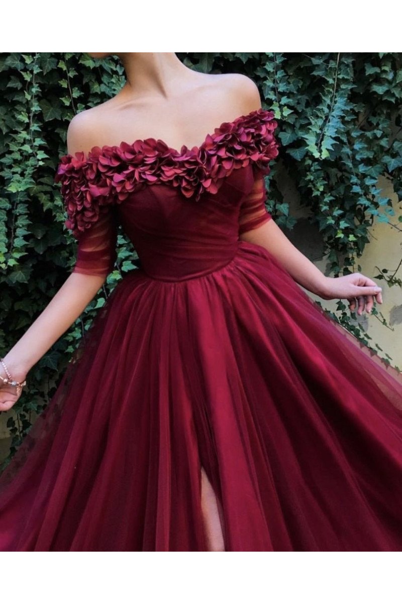 Gustave Classical Burgundy Off Shoulder Side Slit Half Sleeves A-Line Prom Dresses With Appliques