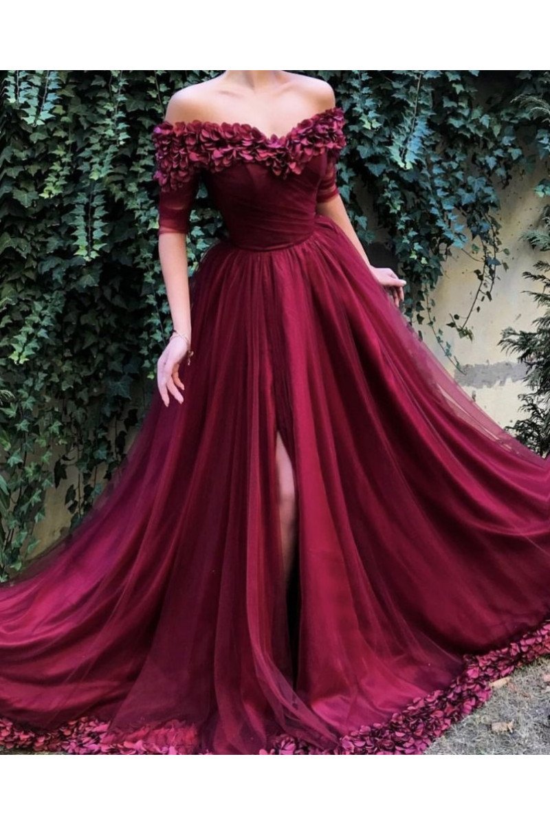 Gustave Classical Burgundy Off Shoulder Side Slit Half Sleeves A-Line Prom Dresses With Appliques