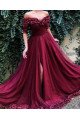 Gustave Classical Burgundy Off Shoulder Side Slit Half Sleeves A-Line Prom Dresses With Appliques