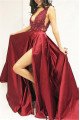 Gwendolyn Sexy Burgundy V-Neck Side Slit A-Line Prom Dresses With Appliques