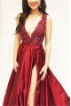 Gwendolyn Sexy Burgundy V-Neck Side Slit A-Line Prom Dresses With Appliques