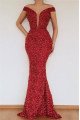 Haley Sparkle Burgundy Off Shoulder Sequins Sheath Prom Dresses With Panel Train