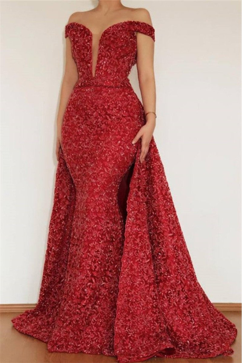 Haley Sparkle Burgundy Off Shoulder Sequins Sheath Prom Dresses With Panel Train