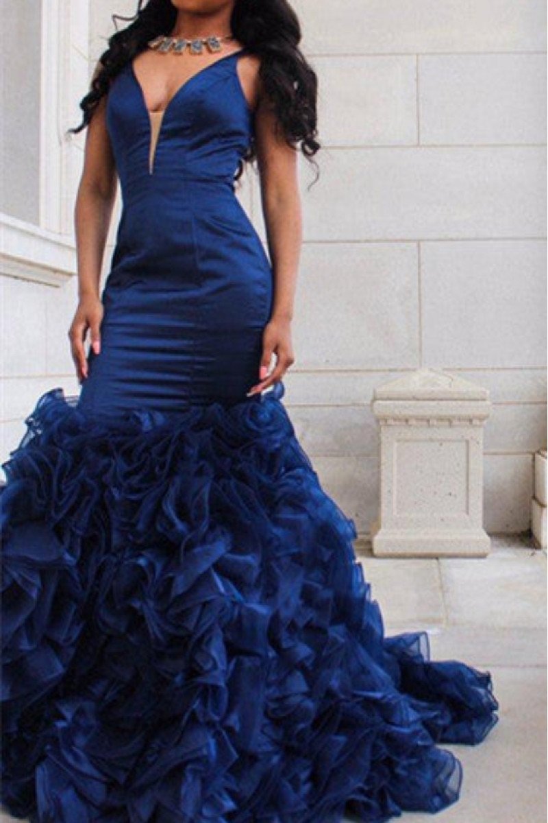 Hannah Elegant Dark Navy Spaghetti Straps Open Back Puffy Layers Mermaid Prom Dresses