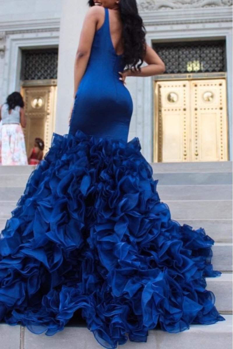 Hannah Elegant Dark Navy Spaghetti Straps Open Back Puffy Layers Mermaid Prom Dresses