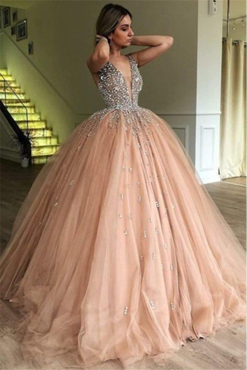 Harper Gorgeous Nude Pink V-Neck Ball Gown Prom Dresses With Crystal