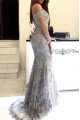 Hedda Gentle Gray Off Shoulder Open Back Appliques Sheath Prom Dresses