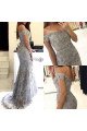 Hedda Gentle Gray Off Shoulder Open Back Appliques Sheath Prom Dresses