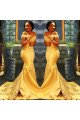 Hedy Generous Gold Off Shoulder Appliques Sheath Prom Dresses With Chapel Train