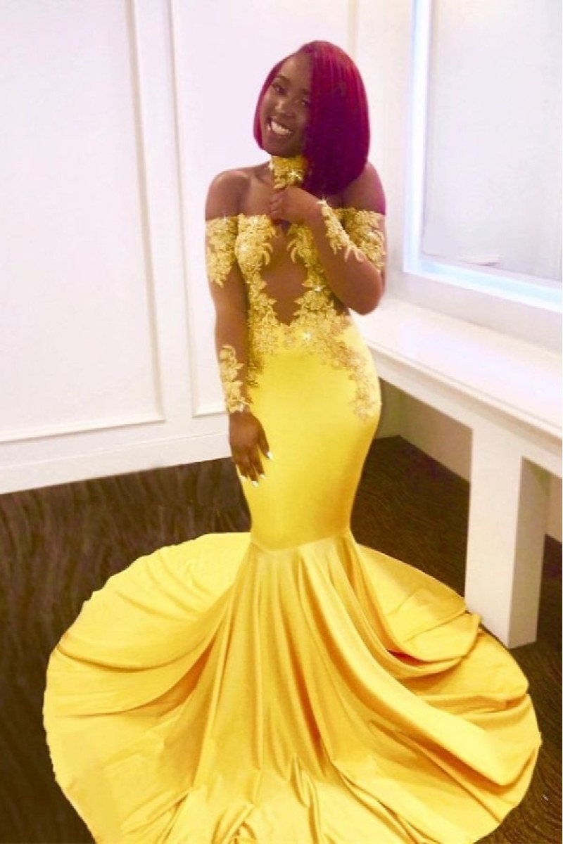 Helen Honorable Yellow Strapless Long Sleeves Appliques Mermaid Prom Dresses