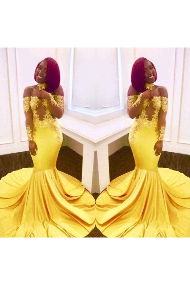 Helen Honorable Yellow Strapless Long Sleeves Appliques Mermaid Prom Dresses