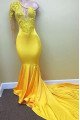 Heloise Generous Yellow One Shoulder Appliques Mermaid Prom Dresses With Chapel Train