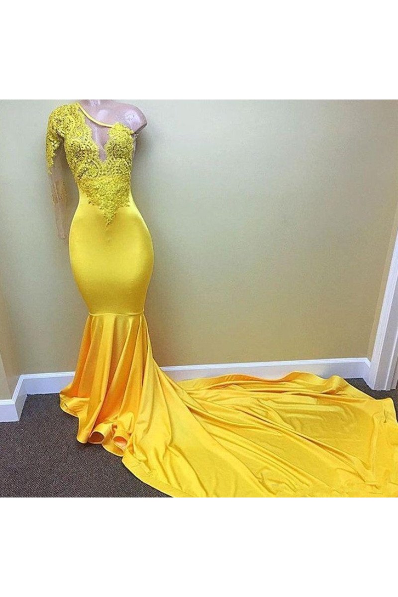 Heloise Generous Yellow One Shoulder Appliques Mermaid Prom Dresses With Chapel Train