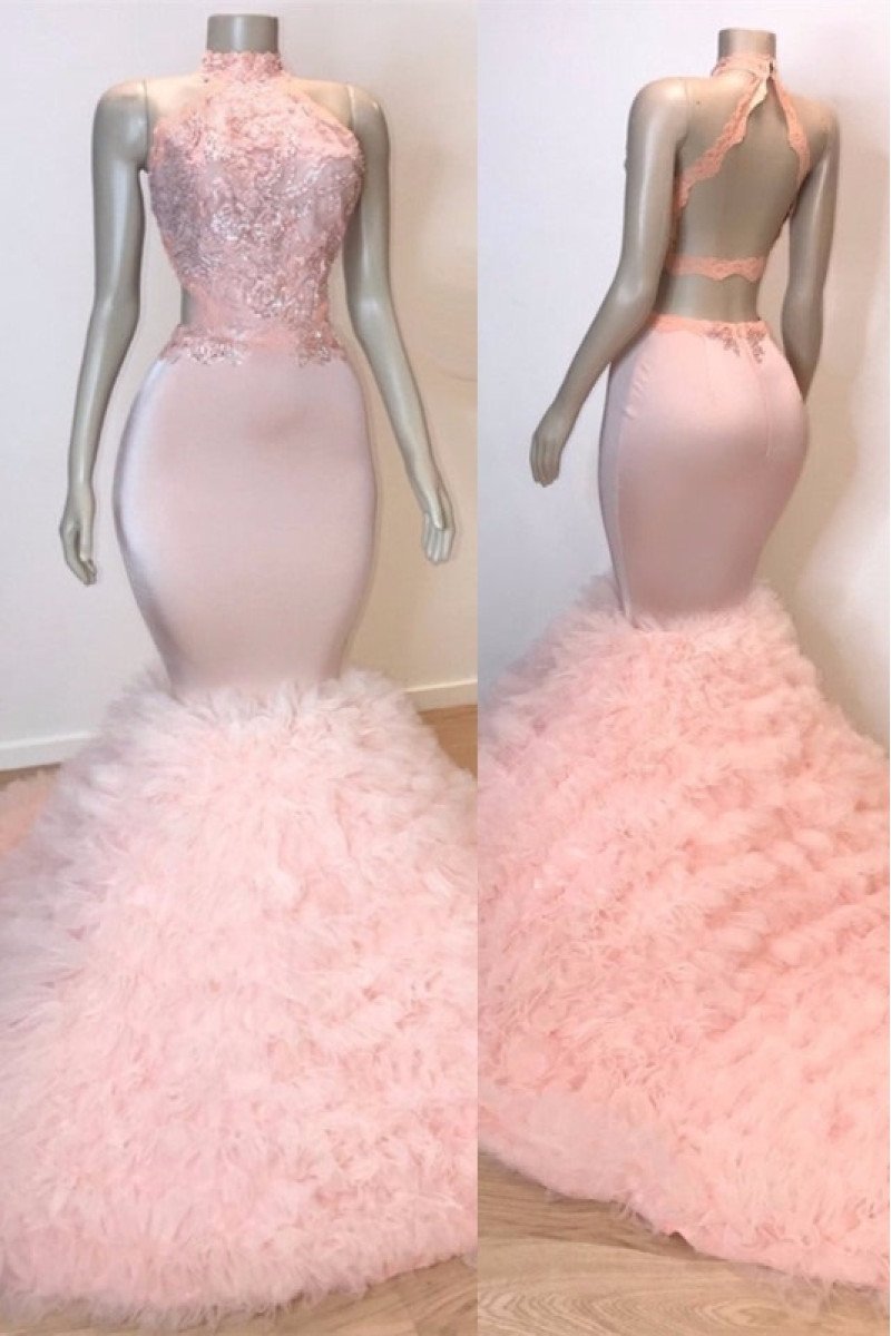 Hermosa Lovely Pink Halter Backless Puffy Layers Mermaid Prom Dresses With Appliques