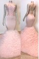 Hermosa Lovely Pink Halter Backless Puffy Layers Mermaid Prom Dresses With Appliques