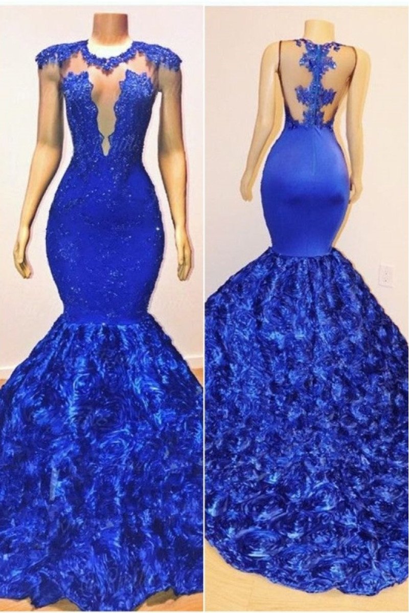 Hilary Modern Blue Jewel Open Back Appliques Mermaid Prom Dresses