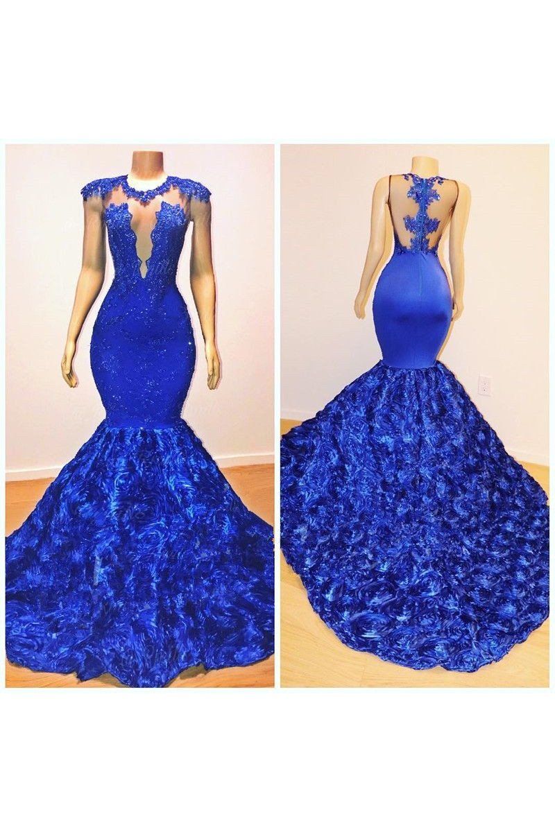 Hilary Modern Blue Jewel Open Back Appliques Mermaid Prom Dresses