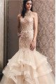 Holly Mild Ivory High Neck Appliques Puffy Layers Mermaid Prom Dresses