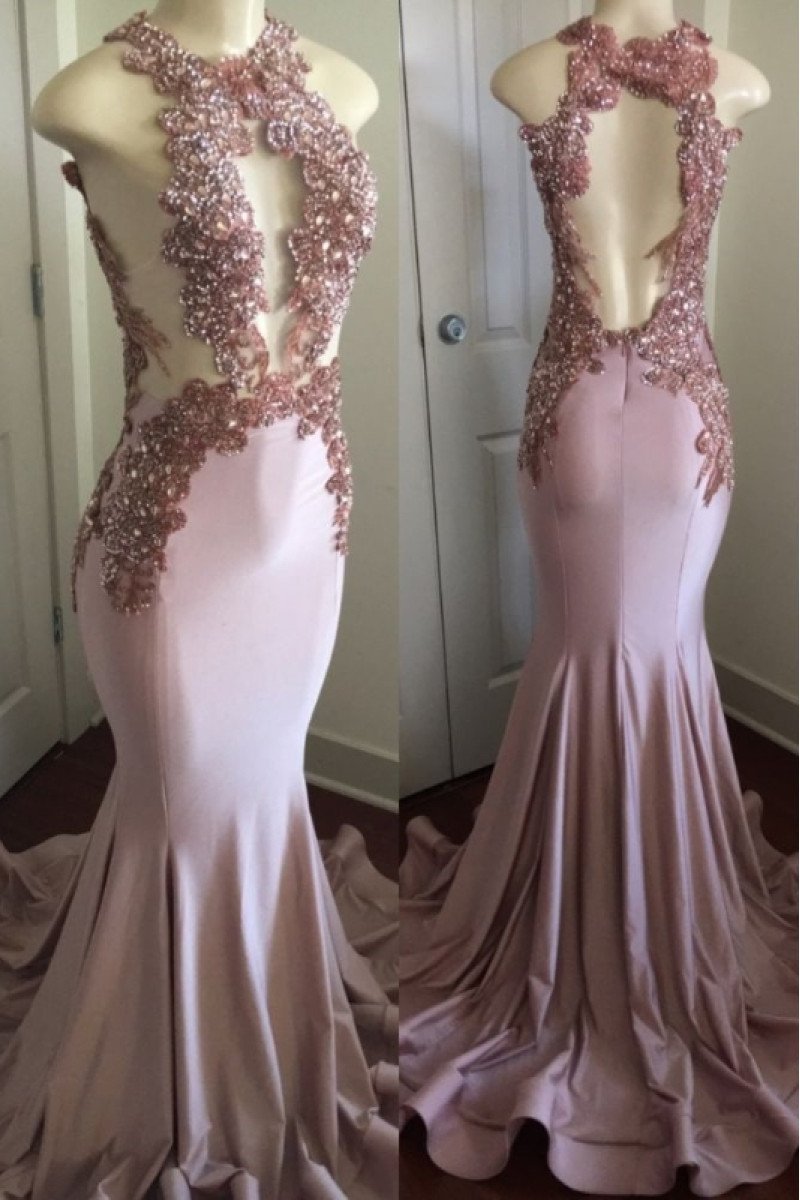 Honey Sexy Lilac Halter Open Back Appliques Mermaid Prom Dresses