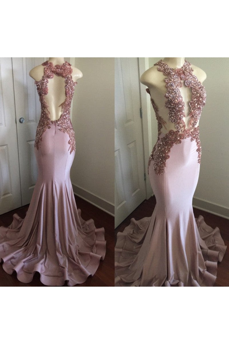 Honey Sexy Lilac Halter Open Back Appliques Mermaid Prom Dresses