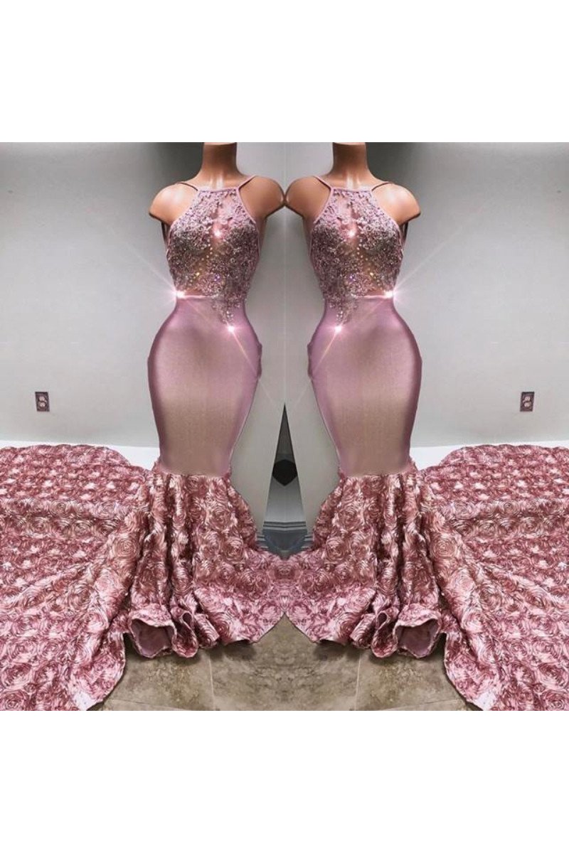 Hope Sexy Lilac Spaghetti Straps Backless Appliques Mermaid Prom Dresses With Chapel Train