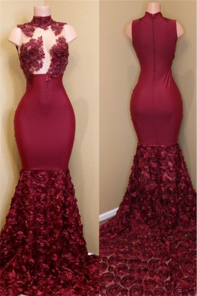 Hulda Modern Burgundy High Neck Appliques Mermaid Prom Dresses