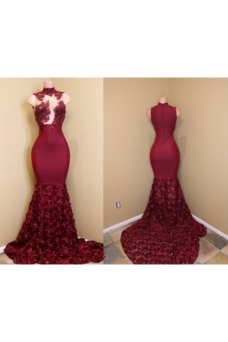 Hulda Modern Burgundy High Neck Appliques Mermaid Prom Dresses