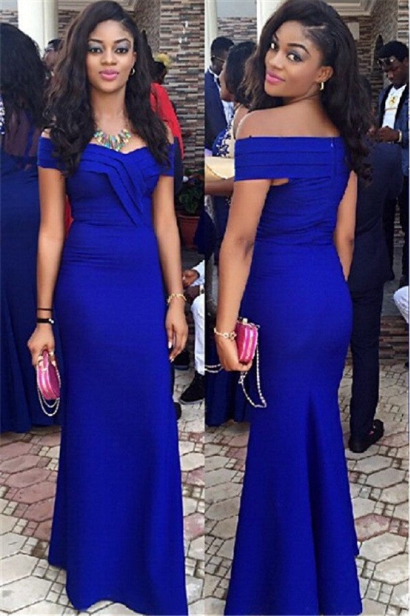 Icey Simple Blue Off Shoulder Sheath Prom Dresses