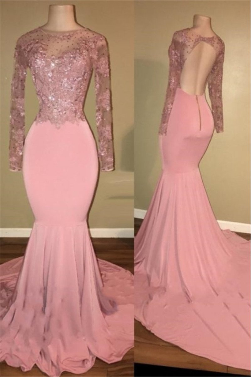 Ina Wonderful Pink Jewel Long Sleeves Backless Appliques Mermaid Prom Dresses