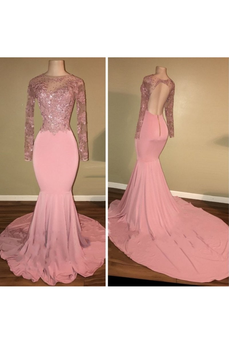 Ina Wonderful Pink Jewel Long Sleeves Backless Appliques Mermaid Prom Dresses