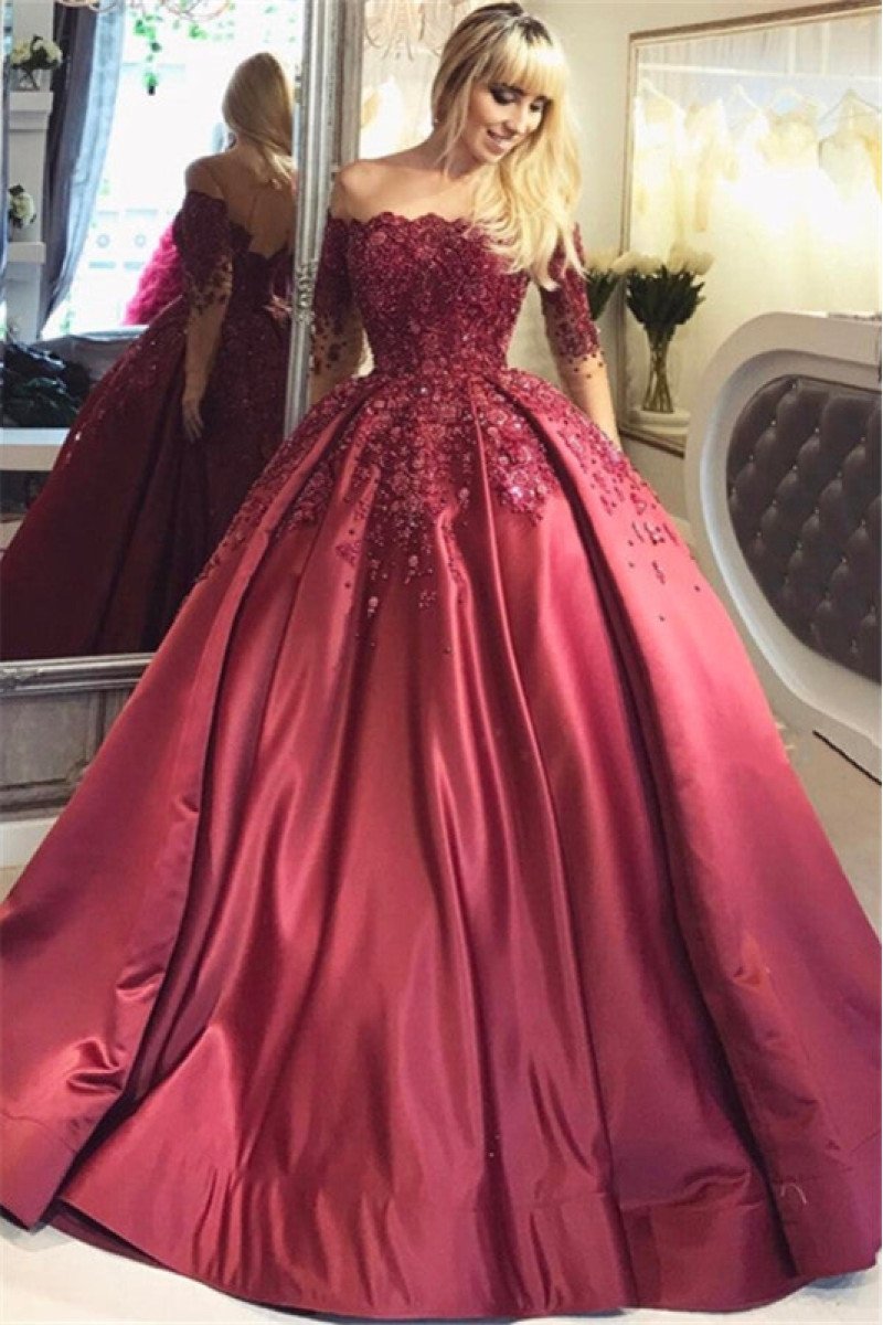 Ingrid Dignified Burgundy Off Shoulder Open Back Appliques Ball Gown Prom Dresses