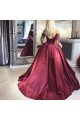 Ingrid Dignified Burgundy Off Shoulder Open Back Appliques Ball Gown Prom Dresses