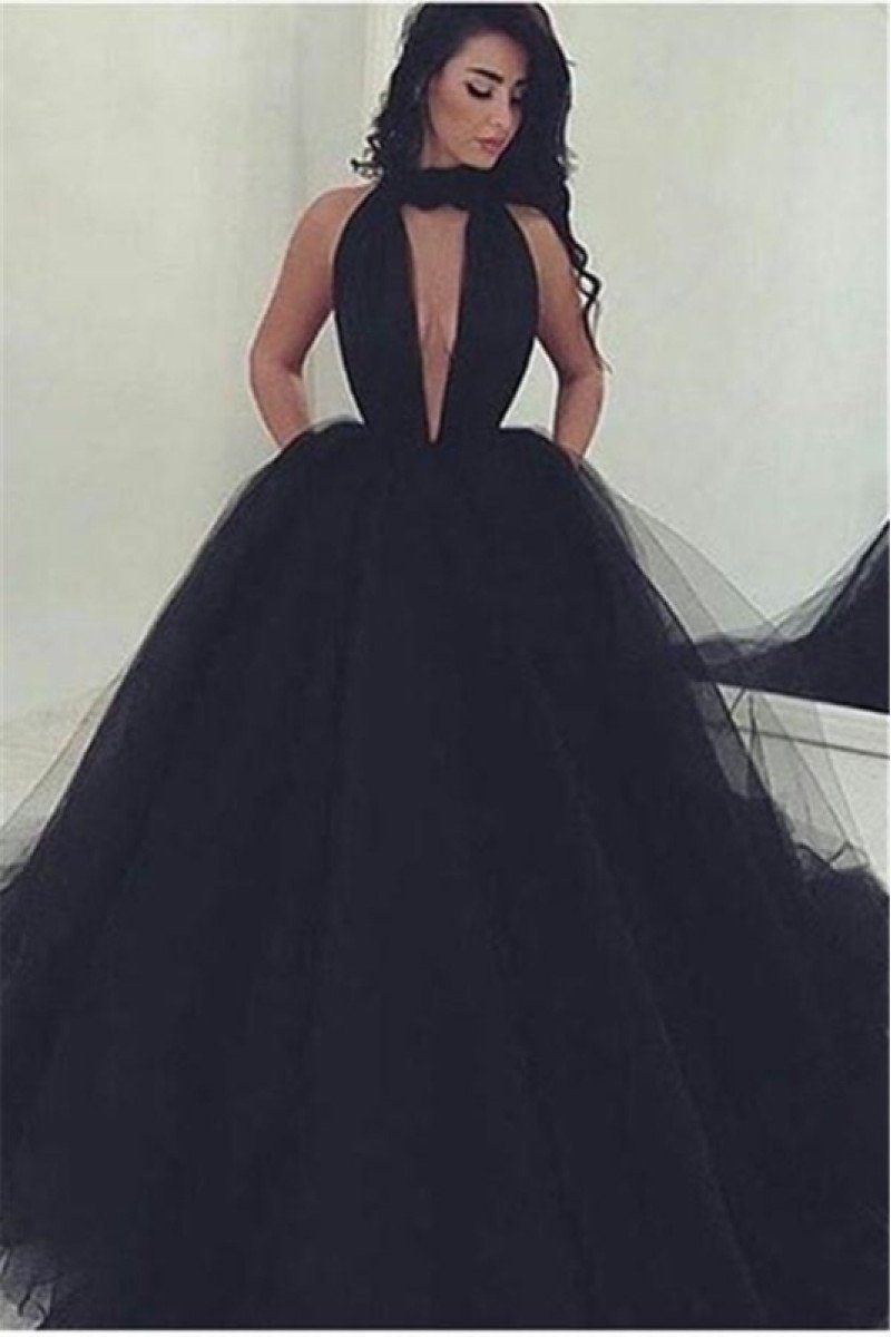 Irene Simple Black Halter Backless Ball Gown Prom Dresses With Pocket