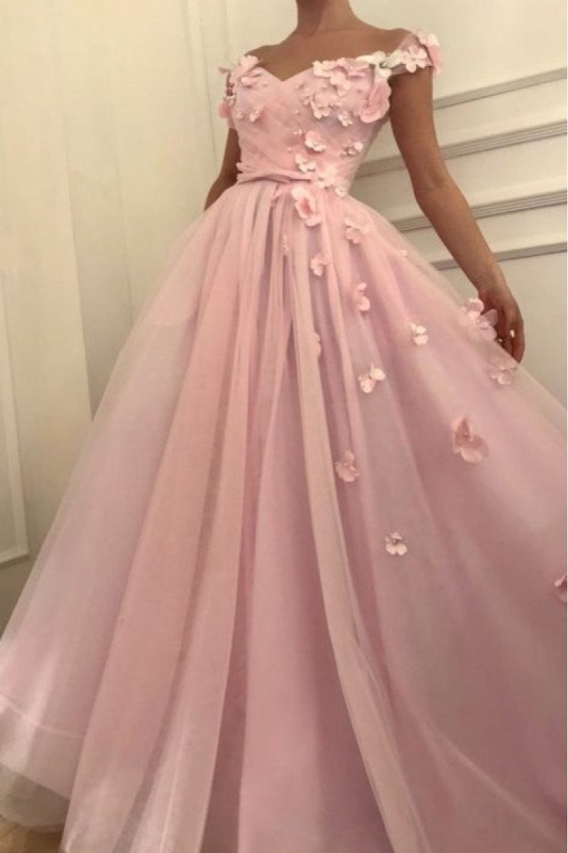 Iris Lovely Pink Off Shoulder Appliques A-Line Prom Dresses