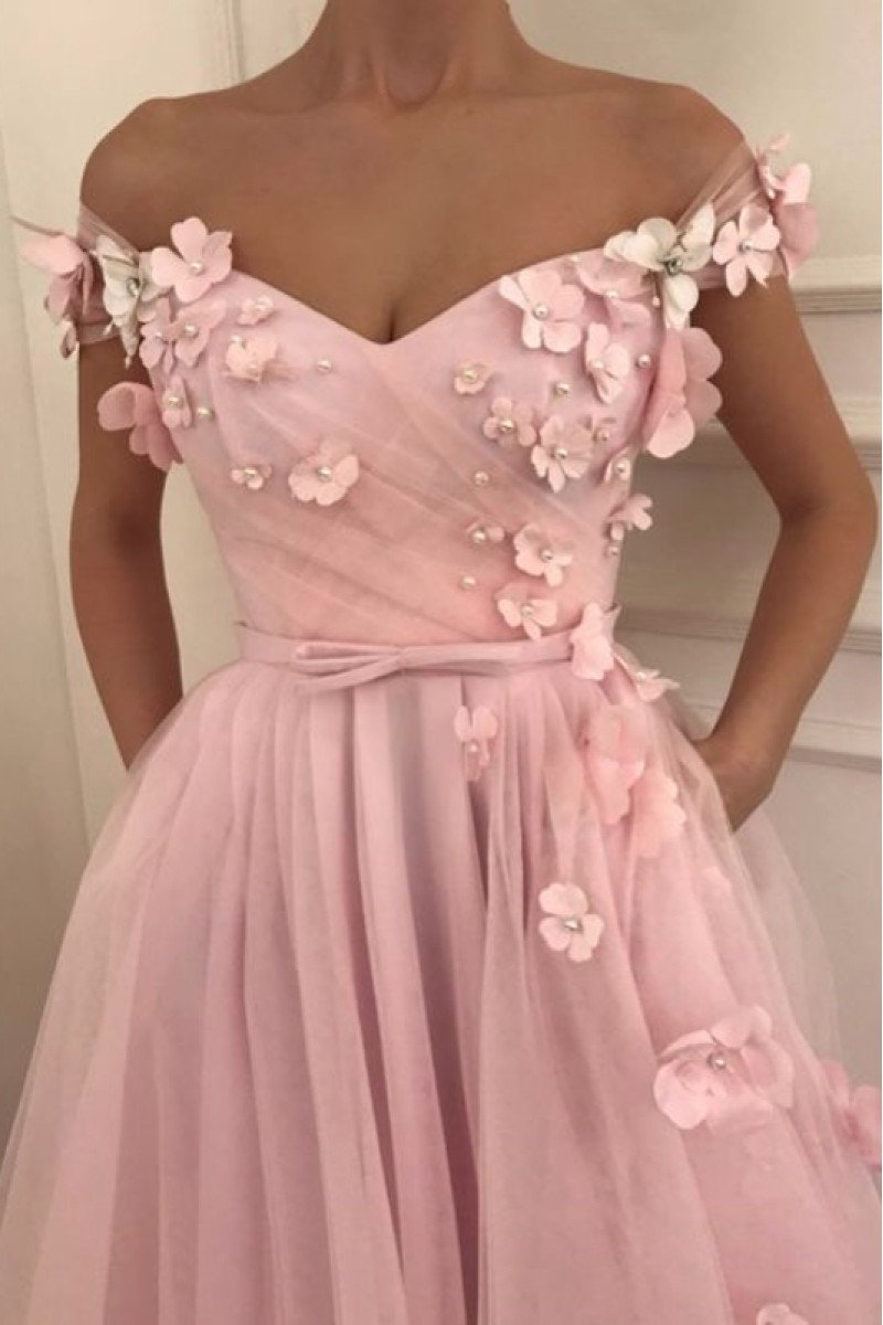 Iris Lovely Pink Off Shoulder Appliques A-Line Prom Dresses