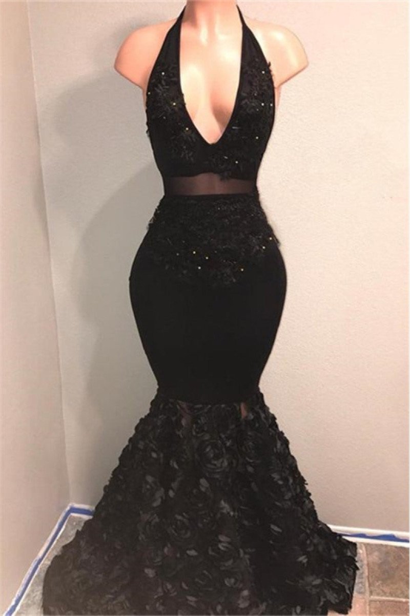 Irma Charming Black Halter Backless Appliques Mermaid Prom Dresses