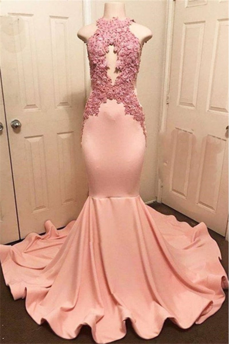 Isabella Fancy Coral Halter Appliques Mermaid Prom Dresses