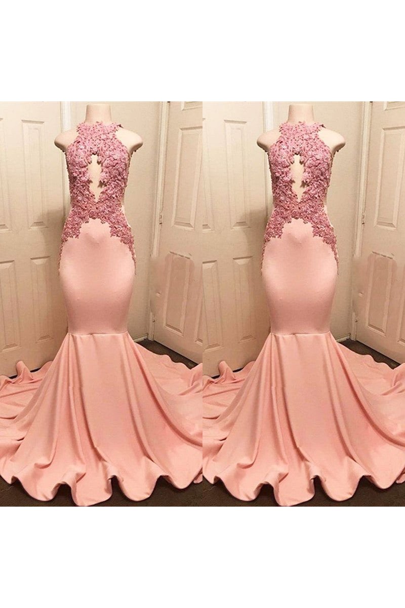 Isabella Fancy Coral Halter Appliques Mermaid Prom Dresses