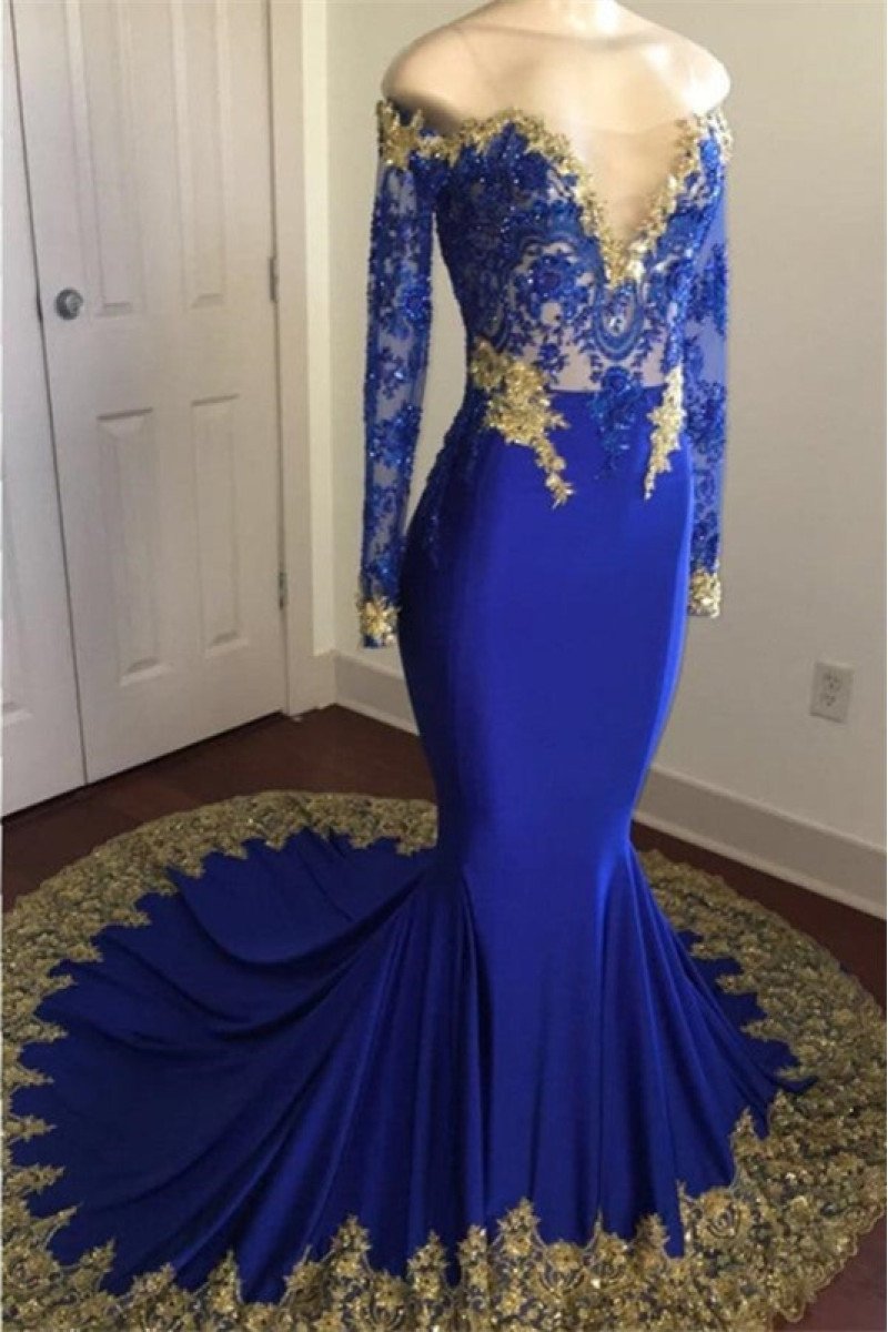 Ivy Decent Royal Blue Off Shoulder Long Sleeves Appliques Mermaid Prom Dresses