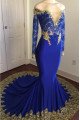 Ivy Decent Royal Blue Off Shoulder Long Sleeves Appliques Mermaid Prom Dresses